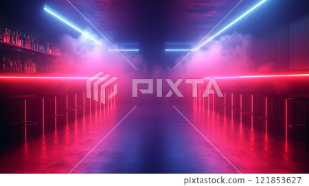 The concept of the future in interior design, furniture in neon lighting of the room relaxation room for employees of an IT company, relaxation area in a club Leather sofa in a room in cyberpunk style 121853627