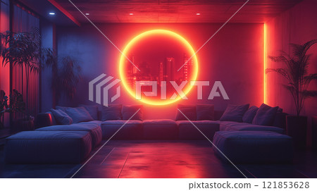 The concept of the future in interior design, furniture in neon lighting of the room relaxation room for employees of an IT company, relaxation area in a club Leather sofa in a room in cyberpunk style 121853628