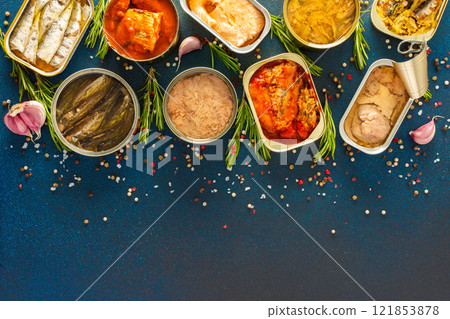 Different open tin cans with canned fish like salmon, mackerel, sprat, sardine, tuna, and herring, among spices and herbs on a blue background, viewed from the top Different open tin cans with canned fish like salmon, mackerel, sprat, sardine, tuna, and herring, among spices and herbs on a blue background, viewed from the top 121853878