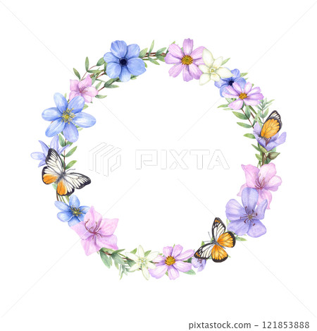 Watercolor spring flowers, eucalyptus branches, white orange butterflies wreath. Blue anemone, liverwort, pink cosmos flower frame for Valentine day cards, invitation design, stationery. Empty space 121853888
