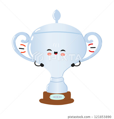Cute cartoon illustration of a smiling Silver trophy cup character. Vector hand drawn cartoon kawaii character illustration icon. Isolated on white background. Silver trophy cup character concept 121853890