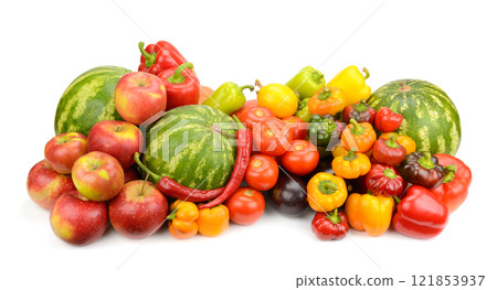 Fresh vegetables, fruits and berry isolated on white 121853937