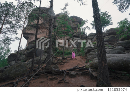 Woman in Pink Raincoat Enjoying Nature 121853974
