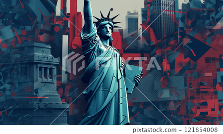 Landmark statue of liberty of New York City, famous landscape of buildings and the Statue of Liberty in USA, tourist attraction design postcard or travel poster 121854008
