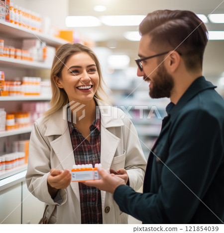 satisfied customer. professional consultation in pharmacy. confident pharmacist consults a client about a product in pharmacy 121854039