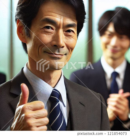 An elderly man who has achieved good results at work gives a thumbs up 121854073