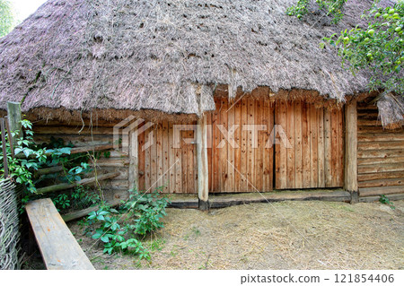 Rustic charm of an ancient thatched roof cottage nestled in a lush green landscape 121854406