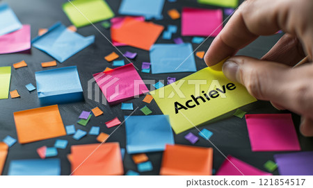 Motivational Concept with Colorful Notes Highlighting Achievement and Goal Setting in Creative Planning 121854517