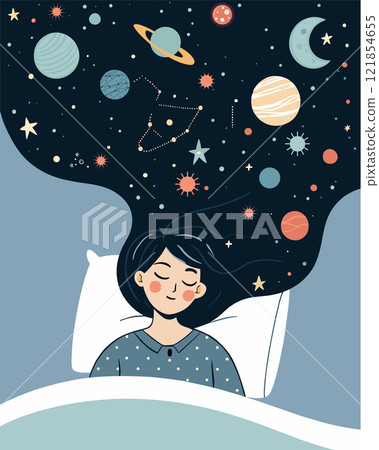 sleepy girl lying in bed  universe space in hair 121854655