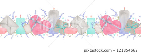 Watercolor seamless border for Valentine's day. Hand drawn illustration of candles, gift boxes, envelope and lavender sprigs. Muted tones. Vintage style 121854662