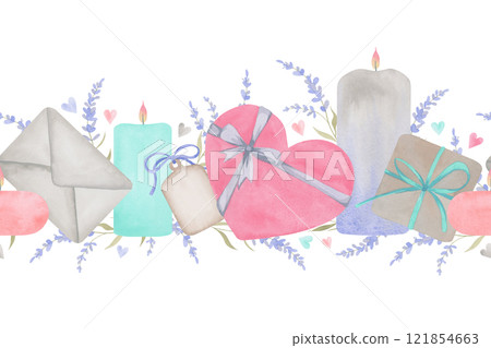 Watercolor seamless border for Valentine's day. Hand drawn illustration of candles, gift boxes, envelope and lavender sprigs. Muted tones. Vintage style 121854663