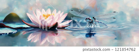 A soft, impressionistic painting of a dragonfly landing on a water lily in a still pond. The ethereal reflection and delicate wings create a serene, tranquil scene, banner 121854762