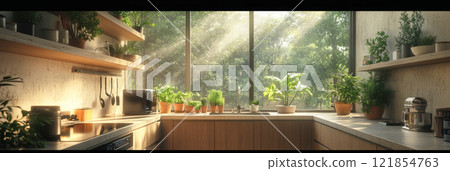 Cozy and innovative kitchen featuring rustic high-tech design, warm natural materials, sleek functionality, and sustainable aesthetics for a harmonious living space, banner 121854763