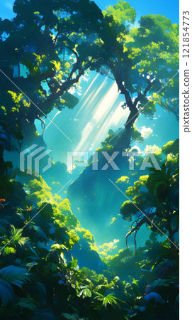 Towering trees and vibrant greenery fill this lush African rainforest, a rich and thriving ecosystem of diverse flora 121854773