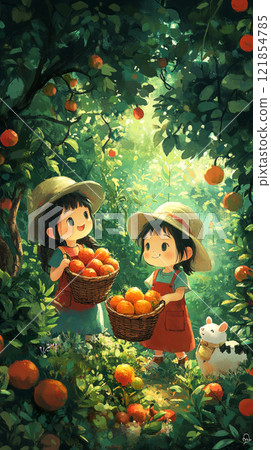 A group of kids picking fruits from trees and vegetables from the garden on a farm holiday. The natural, healthy atmosphere celebrates the joy of harvesting fresh produce A group of kids picking fruits from trees and vegetables from the garden on a farm holiday. The natural, healthy atmosphere celebrates the joy of harvesting fresh produce 121854785
