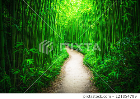 An illustration depicts a winding narrow trail disappearing into a vibrant bamboo forest, inviting exploration and offering a sense of tranquil solitude amid lush greenery 121854799