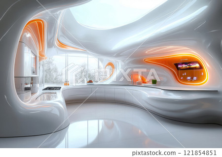A bright ultramodern kitchen with sleek curved shapes, AI cooking tech, and vibrant neon lighting. The matte white surfaces create a clean, futuristic look 121854851