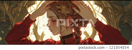A graceful girl with braids down her back, illustrated with fine detail. The texture of the braids contrasts against a muted backdrop, emphasizing the beauty and skill of her hairstyle, banner 121854854