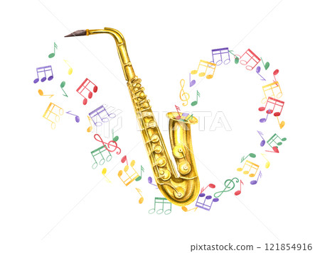 Watercolor shiny brass saxophone and musical notes flying out of instrument illustration. Woodwind gold musical sax in realistic style. Composition for jazz festival or concert design, education cards Watercolor shiny brass saxophone and musical notes flying out of instrument illustration. Woodwind gold musical sax in realistic style. Composition for jazz festival or concert design, education cards 121854916