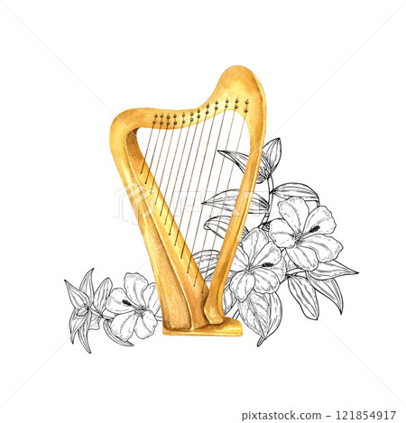 Watercolor classical wooden Celtic Irish harp string on monochrome tropical flowers, leaves illustration. Musical stringed instruments among foliage bouquet. For music jazz festival posters 121854917