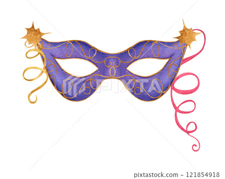 Carnival party mask with golden stars colored swirl ribbons watercolor illustration. Purim, Fat Tuesday, Mardi Gras masquerade festival attribute for greeting card, poster. Brazilian, venetian parade 121854918