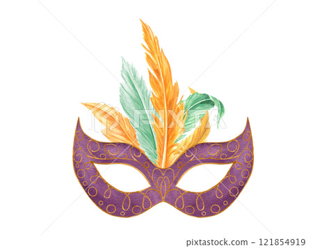 Watercolor masquerade mask with orange, green bird feathers illustration. Elegant Mardi Gras, Brasil festival attribute for carnival costume parade. Greeting cards, poster. invitation Watercolor masquerade mask with orange, green bird feathers illustration. Elegant Mardi Gras, Brasil festival attribute for carnival costume parade. Greeting cards, poster. invitation 121854919