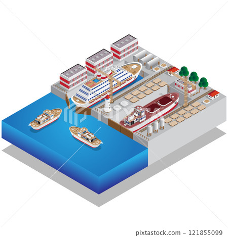 Repair of ships. Dock. Isometric. Vector illustration. Repair of ships. Dock. Isometric. Vector illustration. 121855099