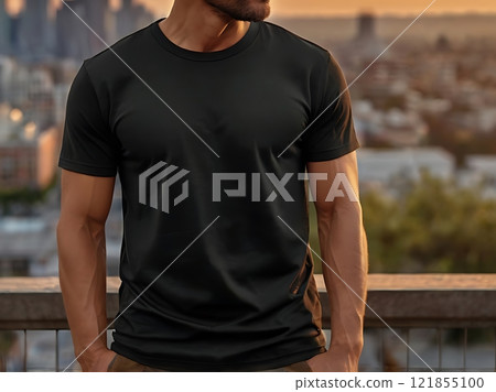 Realistic Mockup of Black T-Shirt in Urban Sunset Realistic Mockup of Black T-Shirt in Urban Sunset 121855100