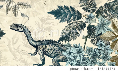 A vintage dinosaur illustration among detailed prehistoric flora and ferns. Ideal for paleontology, nature history, and retro botanical art enthusiasts. 121855173
