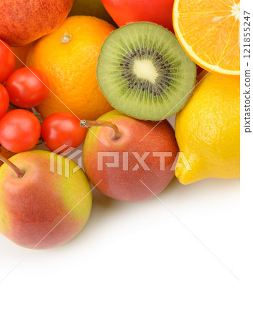 Collection fruits and vegetables isolated on a white. Free space for text. Vertical photo. Collection fruits and vegetables isolated on a white. Free space for text. Vertical photo. 121855247
