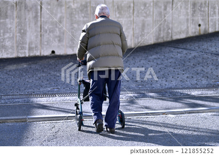Yokohama cityscape in Japan. Steps...Aging society...A scene seen on a street corner. Long winter shadows stretch...=January 10, Yokohama city 121855252