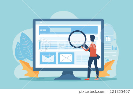 Person examining website content with magnifying glass on computer screen 121855407