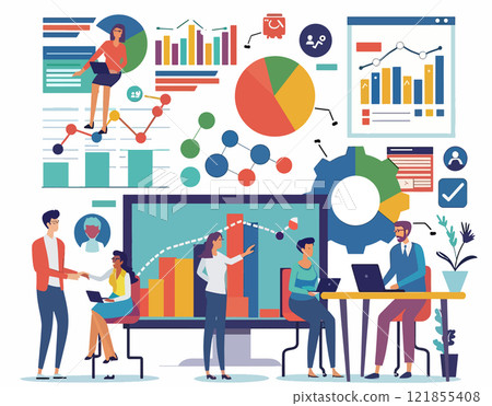 Team analyzing business data charts with diverse professionals and colorful graphs Team analyzing business data charts with diverse professionals and colorful graphs 121855408