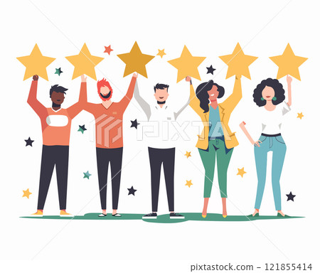 Diverse group holding golden stars, celebrating success with colorful star decorations 121855414