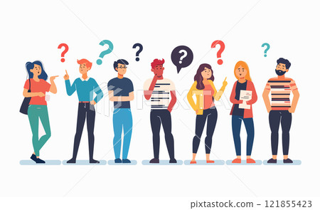 Modern illustration of diverse people with question marks showing curiosity and confusion 121855423