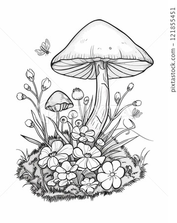 Whimsical illustration of large mushroom surrounded by wildflowers and butterflies 121855451