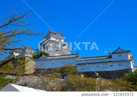The towering castle tower of Himeji Castle The towering castle tower of Himeji Castle 121855572