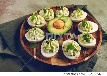 snack, stuffed eggs with avocado, homemade, no people, 121855613
