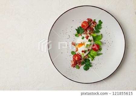 poached egg, with bacon and vegetables, breakfast, homemade, 121855615