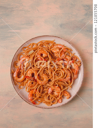 Spaghetti with king shrimps , with spices, top view, selective focus, homemade, no people, Spaghetti with king shrimps , with spices, top view, selective focus, homemade, no people, 121855708