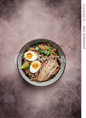 soba, buckwheat noodles, with enoki mushrooms, shimeji and boiled egg, top view, homemade, no people, soba, buckwheat noodles, with enoki mushrooms, shimeji and boiled egg, top view, homemade, no people, 121855721