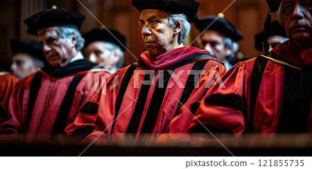 Judge in robe presides over process, reads verdict at justice trial in courthouse in vintage wooden interior. 121855735