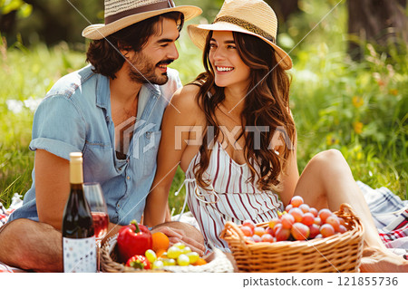 loving couple on picnic, man, woman on green meadow among trees at noon with basket of food. 121855736