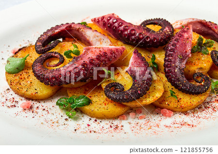 Octopus with potatoes and spices , on a light plate, top view, no people, homemade, close-up, Octopus with potatoes and spices , on a light plate, top view, no people, homemade, close-up, 121855756