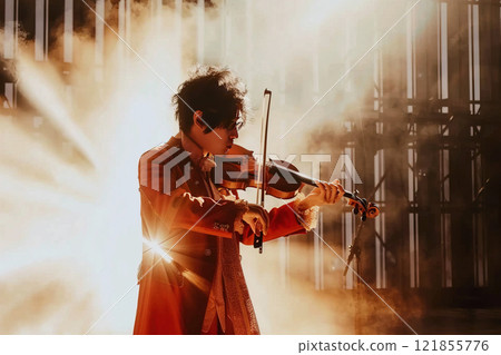 Violinist at a concert playing traditional classical music on a vintage violin. Performer under spotlights in the haze. 121855776