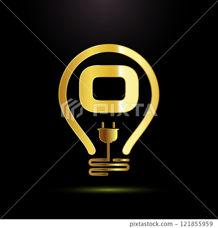 English alphabet with an electric bulb and plug. Electricity logo design template gold color style English alphabet with an electric bulb and plug. Electricity logo design template gold color style 121855959