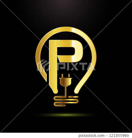 English alphabet with an electric bulb and plug. Electricity logo design template gold color style 121855960