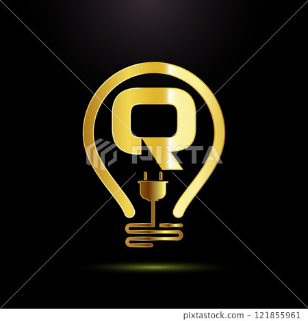 English alphabet with an electric bulb and plug. Electricity logo design template gold color style 121855961