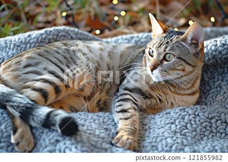 An Egyptian Mau cat lounging comfortably on a cozy bed with soft textures in a serene setting 121855982
