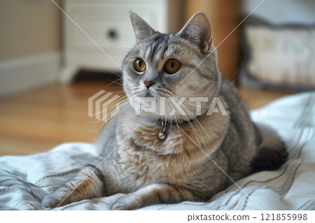 American shorthair cat pet, beautiful fur purebred pedigree in home apartment on bed. 121855998